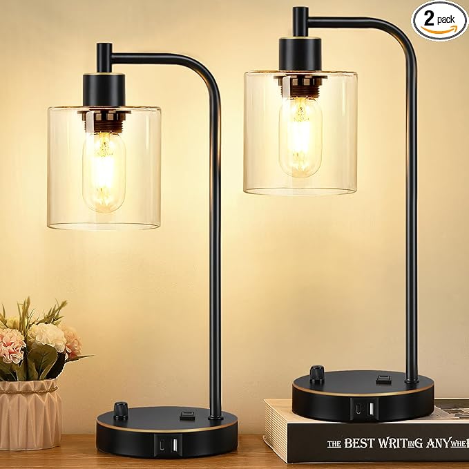 Set of 2 Black and Gold Industrial Table Lamps with USB Port, Fully Stepless Dimmable Bedside Lamps for bedrooms, Nightstand Desk Lamps with Clear Glass Shade for Reading Office 2 LED Bulb Included