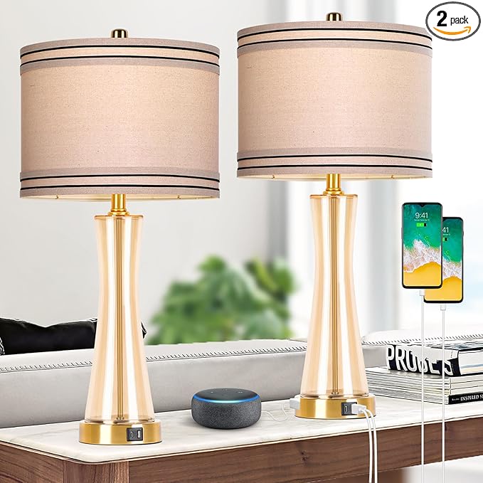 27.4''Table Lamps for Living Room Set of 2,3-Way Dimmable Modern Glass Bedside Lamps with USB Ports,Tall Lamps for Night Stands,Touch End Table Lamps for Bedroom Desk Lamps for Home Office(Glod)