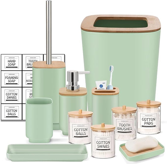 IMAVO Bathroom Accessories Set,Green Bathroom Set,11 Pieces Bathroom Accessory Set,Trash Can for Bathroom Accessories Décor and Housewarming Gifts