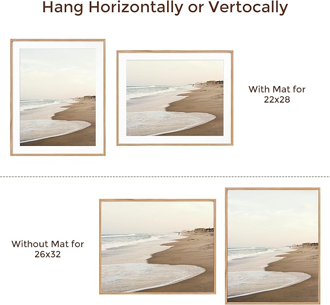 Oak Wood Frame - 26x32 Picture Frame with Tempered Glass & Mat for 22x28 (Natural Oak Color, 1 Pack)