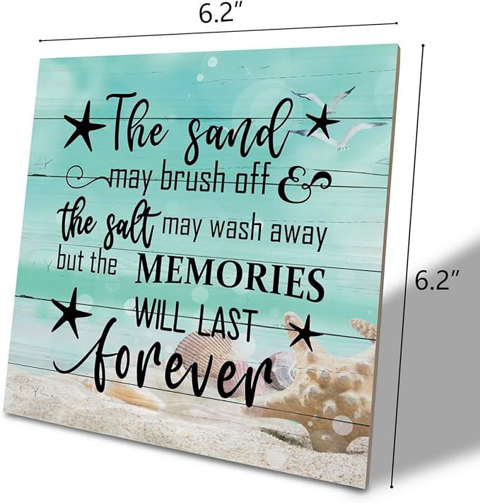 Beach Wood Sign, “The Sand May Brush Off the Salt May Wash Away but the Memories Will Last Forever”, Wooden Plaque Table Art Sign, Ocean Theme Home Decorations, Coastal House Decor, Family Sign