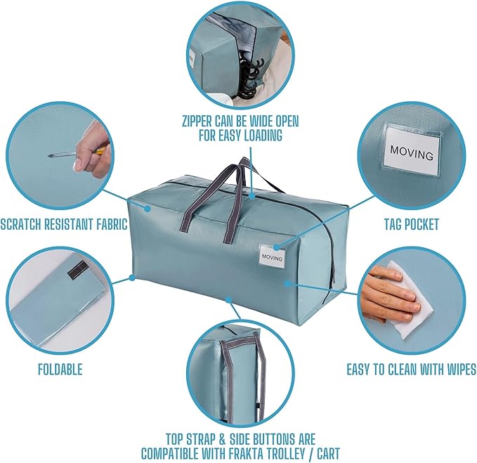 VENO 4 Pack Moving Bags w/Backpack Straps, Heavy Duty, Moving Boxes Alternative, Packing Supplies, Large Storage Totes for Dorm Room Essentials with Zipper for Clothes (Shiny Light Blue, 4 Pack)