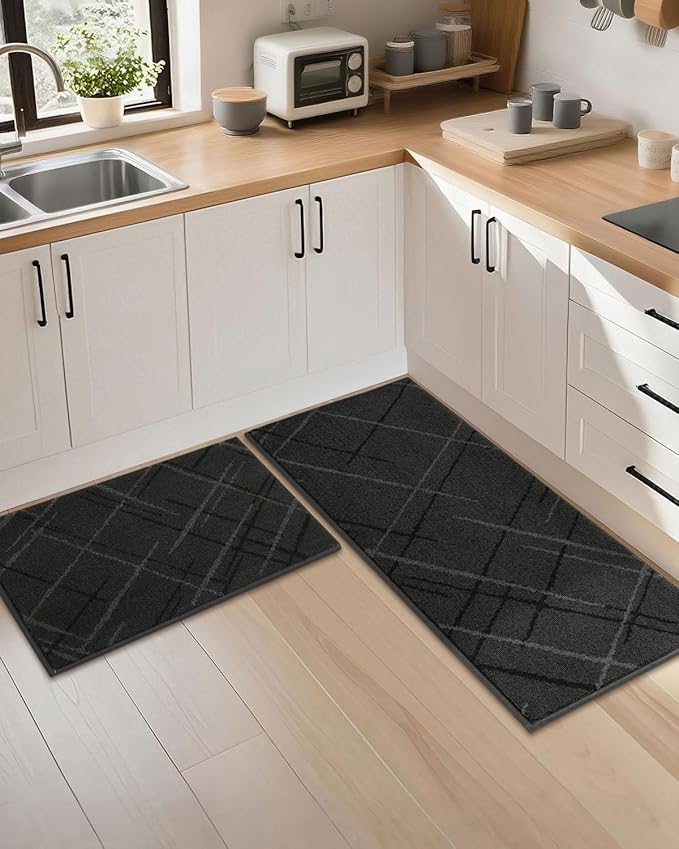 COSY HOMEER Kitchen Mats, 2 PCS Kitchen Rug Non Slip Washable, Absorbent Runner Rugs for Kitchen Floor, Polyester Kitchen Sink Rug 20"x32" + 20"x48"(Dark Gray)