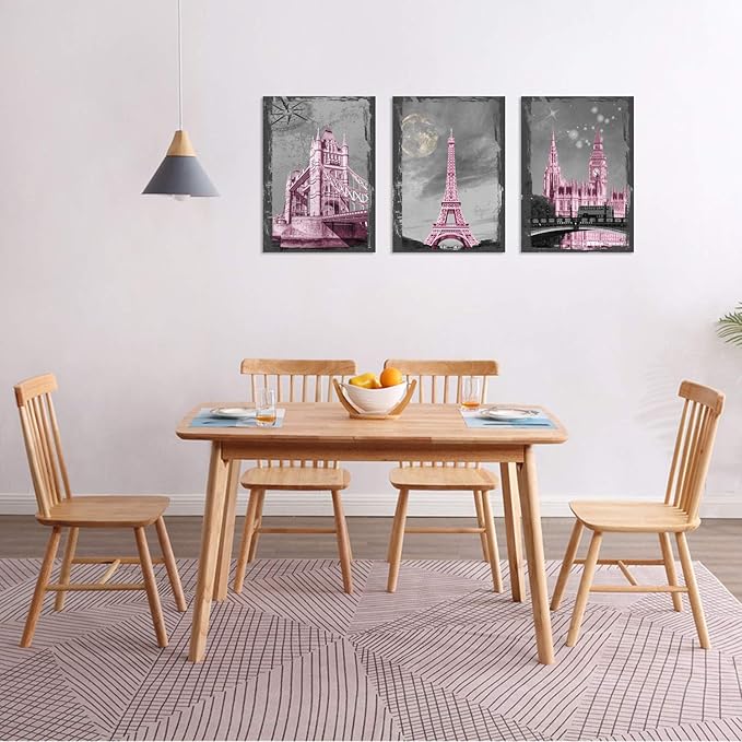 YUANAND Eiffel Tower Wall Decor Girls Pink Room - Paris Wall Decor Canvas Art Pictures - Bedroom Decor Framed Posters Paintings