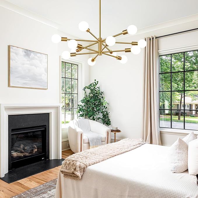 33" Modern Chandelier Ceiling Light Fixture, 12-Light Sputnik Chandeliers Brushed Gold Mid Century Chandelier Over Table, Height Adjustable Chandeliers for Dining Room Living Room Kitchen Island