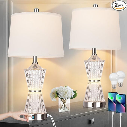 26" Modern Table Lamps, Set of 2 Table Lamp Night Light with 2 USB Charging Ports & AC Outlet, Bedside Nightstand Lamp White Shade for Living Room Bedroom Home Decor Silver(LED Bulbs Included)