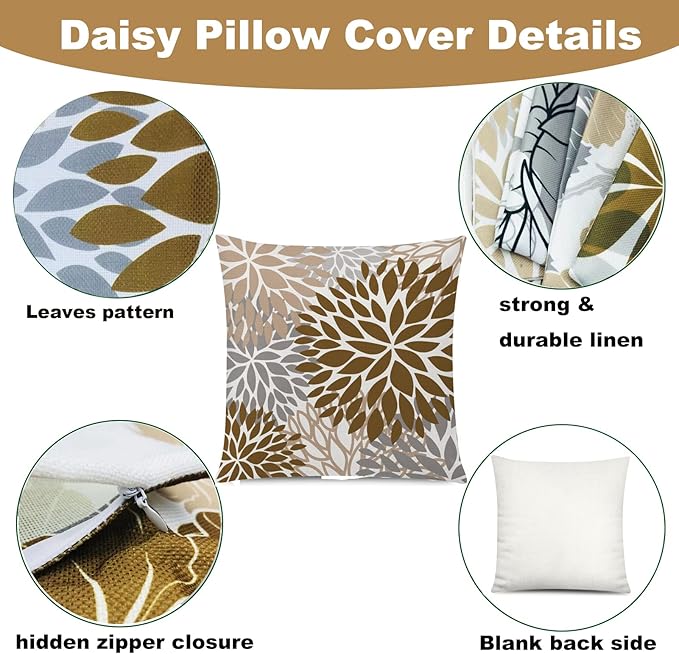 COMMINY Brown Grey Pillow Covers 20x20 Set of 6 Decorative Daisy Flower Throw Pillow Cover for Couch Modern Coffee Pillow Case for Patio Living Room Cushion Bed Farmhouse Home Decor