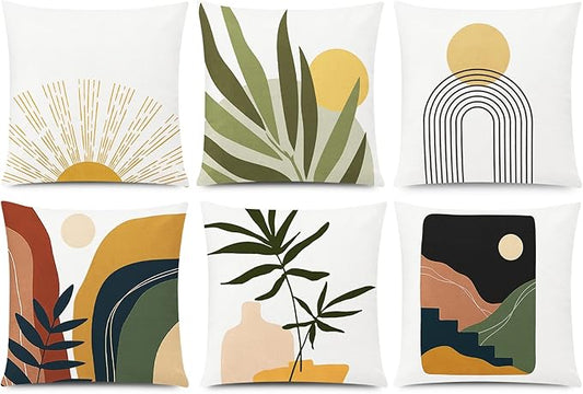 COMMINY Abstract Boho Pillow Covers 18x18 Set of 6,Rustic Sunset Leaves Throw Pillow Cover,Minimalist Modern Pillow Case for Couch Sofa Room Home Decor