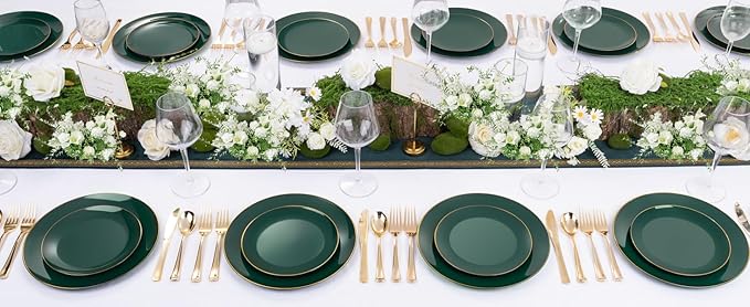 YOUBET 125PCS Green Plastic Plates - Green Disposable Plates With Gold Rim Include 25 Dinner Plate, 25 Dessert Plate, 75 Gold Plastic Cutlery for Party Wedding