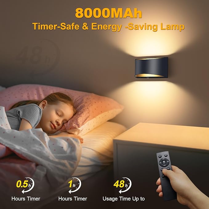 Battery Operated Wall Sconces Set of 4, Black Rechargeable Wireless Remote & Touch Control Wall Lamps, 3 Color Temperatures, Timer Cordless Dimmable Light for Bedroom, Living Room, Hallway