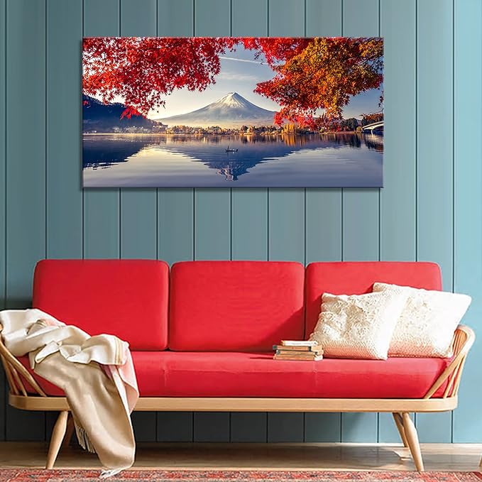 YYYYHPP YP1662 Canvas Prints Mountain Fuji with morning fog and red leaves at lake Kawaguchiko Nature Picture Wall Art Framed Artwork for Living Room Bedroom Kitchen Home and Office Wall Decor