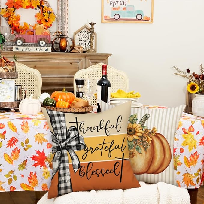 GEEORY Fall Throw Pillow Covers 20x20 Inch Set of 4, Pumpkins Mason Jars Sweet Home Striped Autumn Thanksgiving Seasonal Decorative Farmhouse Decoration (Orange) G636-20