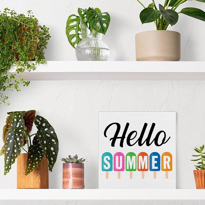 Summer Sign Decor Hello Summer Wood Block Sign Home Kitchen Desk Table Shelf Decoration