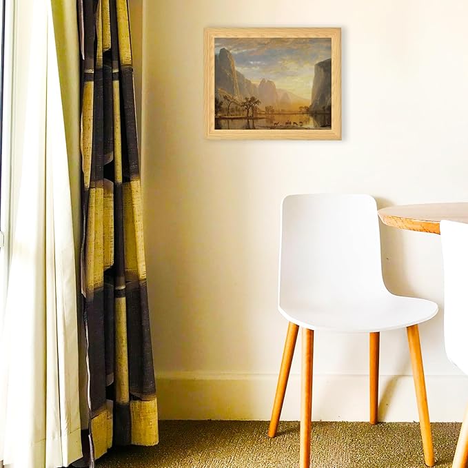 Brivoria Framed Canvas Wall Art Vintage Decor, Majestic Autumn Valley Landscape with Golden Cliffs, Sunset Sky, Reflective Lake and Deer Herd for Dining Room Hallway Office or Nature Display, 13"x16"