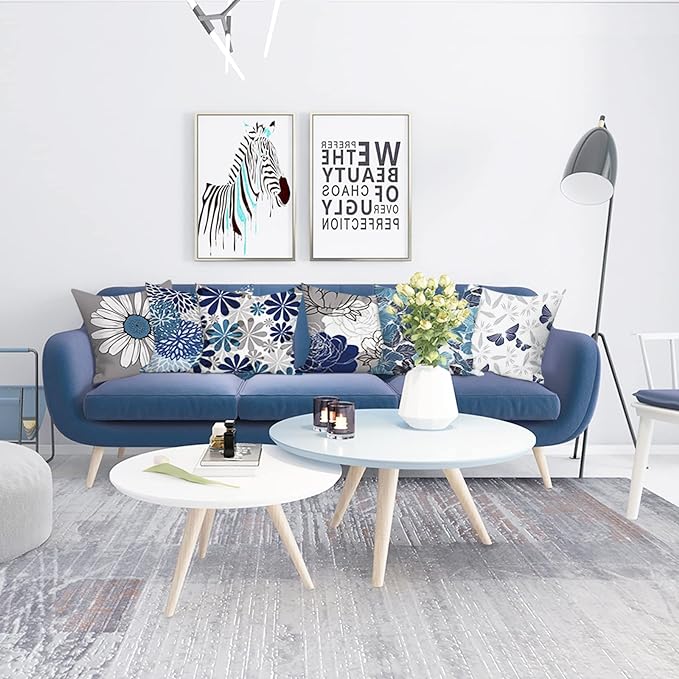 COMMINY Blue Grey Pillow Covers 20x20 Set of 6 Decorative Daisy Flower Throw Pillow Cover for Couch Modern Farmhouse Cushion Cover for Living Room Bed Patio Home Decor