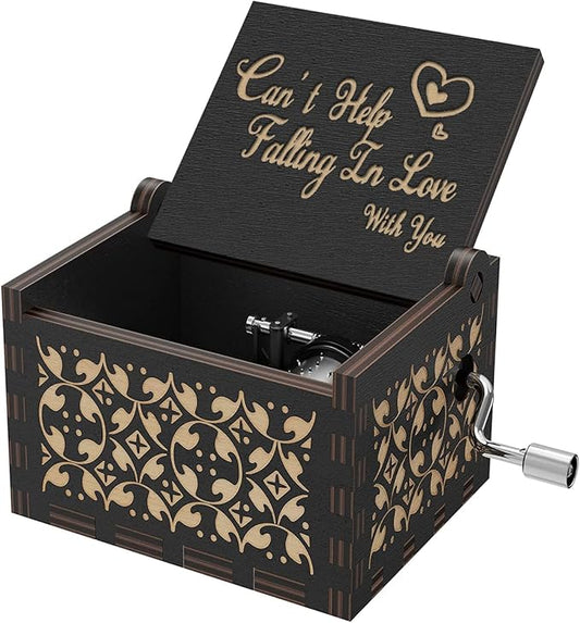 "Can't Help Falling in Lov"Hand Crank Music Box Vintage Wood Engraved Musical Gift for Her/Him, Romantic Love Valentine's Day, Anniversary, Birthday Present for Wife, Husband, Girlfriend, Boyfriend