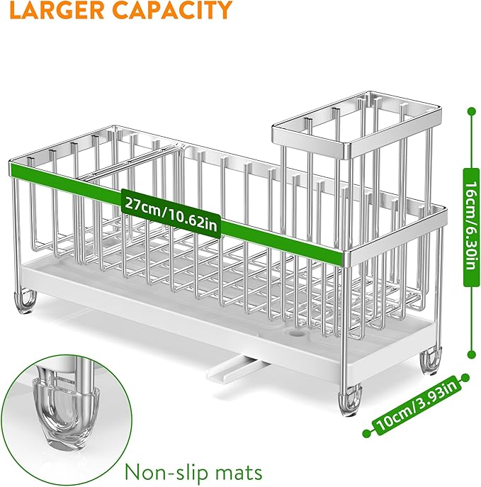 Cisily Extra Large Silver Sponge Holder for Kitchen Sink, Sink Caddy Organizer with High Brush Holder, Kitchen Countertop Organizers and Storage Essentials, Rustproof 304 Stainless Steel
