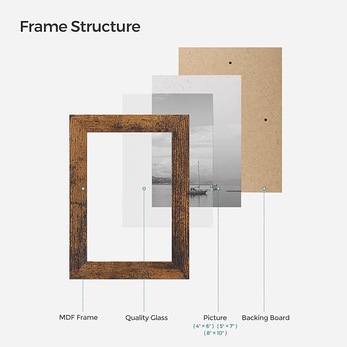 SONGMICS Picture Frames, Collage Picture Frames Set of 10, Two 8x10, Four 5x7, Four 4x6, Photo Frame for Wall Gallery Decor, Table Display, Glass, Rustic Brown URPF010X01
