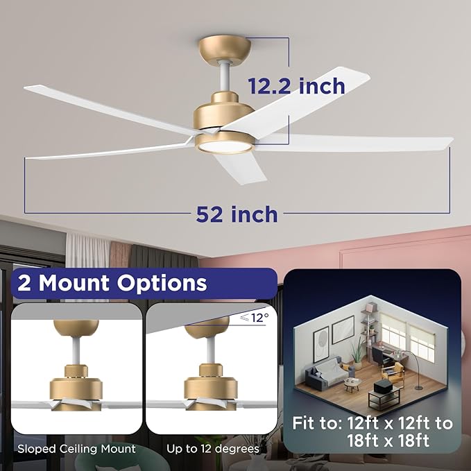 ocioc 2-Pack 52 inch Ceiling Fans with Liights Ultra Quiet DC Motor 3 Color Temperatures Modern Ceiling Fan for Bedroom Kitchen Indoor Covered Outdoor Gold