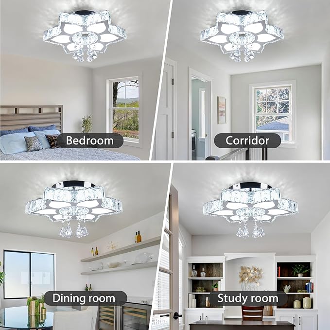 FRIXCHUR 16.1" Crystal Chandeliers Crystal Ceiling Light Fixtures LED Flush Mount Light Flower Modern Chandelier Light Ceiling Lamp for Living Room Bedrooms Dining Room(White)