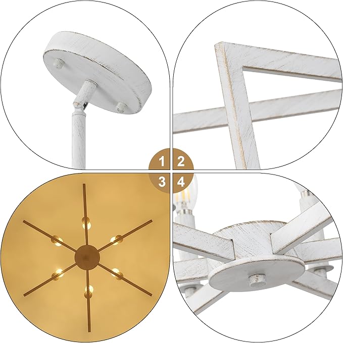 6-Light Modern Farmhouse Antique White Chandelier Light Fixture, French Country Chandeliers for Dining Room, Vintage Metal Geometric Pendant Lighting for Kitchen Island Living Room Entryway