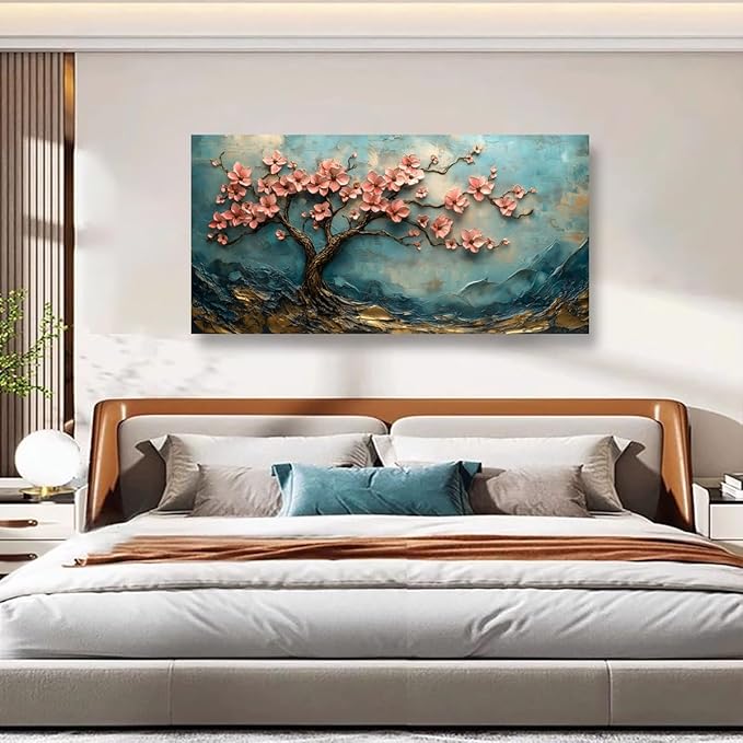 Tree of Life Pink Flowers and Golden Trees Pictures Canvas Wall Art for Living room Office Bedroom Teal Mountain Abstract Wall Decor Art Print Paintings Modern Plum Blossom Artwork -20x40inch