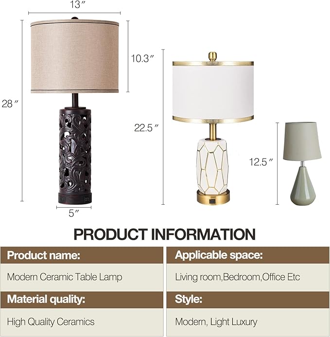 AIDENOEY Set of 2 Table Lamps with Night Light, 28" Farmhouse Table Lamp with USB A+C Ports,Brown Ceramic Bedside Lamp with Fabric Shade for Living Room,Bedroom,Home,Office(2 Bulbs Included)