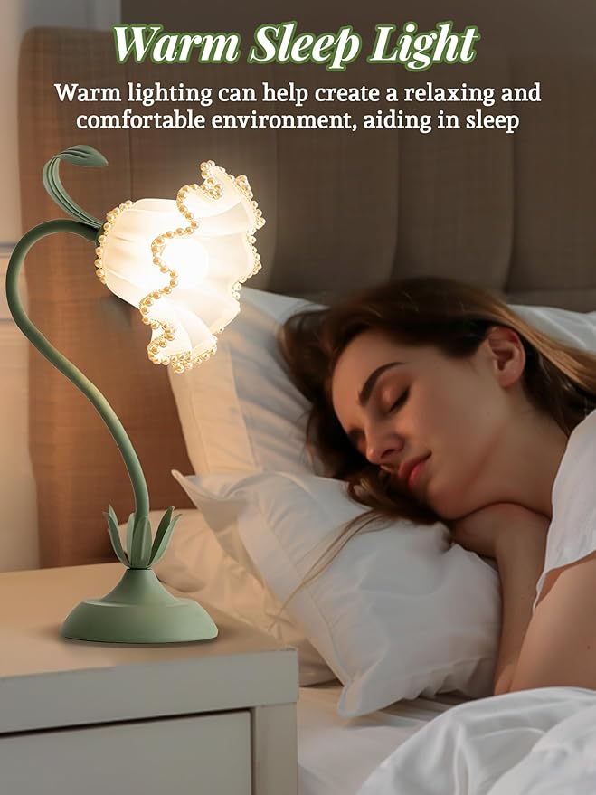 Flower Table Lamp Bedside Lamps LED Reading Light,3 Color Modes Cute Small Lamp,Vintage Flower Lamp Kawaii Table Lamp for Bedroom Living Room Office Dorm Desk Home Decor (Pearl Green lamp)