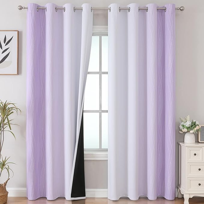 Estelar Textiler Lilac and Greyish White Ombre Blackout Curtains 90 Inch Length 2 Panels Set, Thermal Insulated Drapes for Bedroom,Full Light Blocking Grommet Gradient Curtains for Living Room,52Wx90L