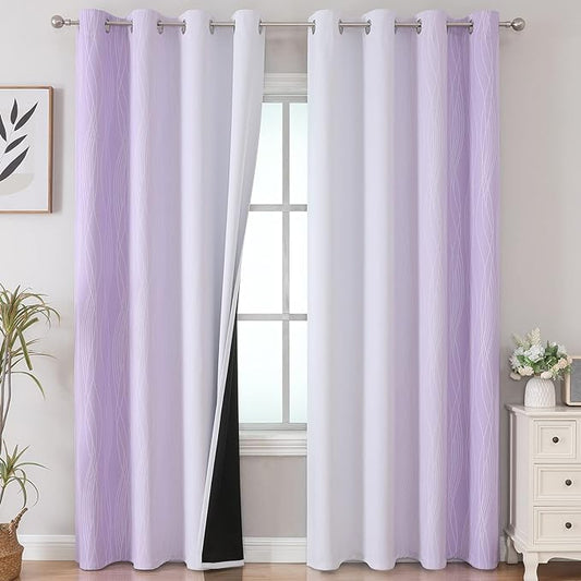 Estelar Textiler Lilac and Greyish White Ombre Blackout Curtains 90 Inch Length 2 Panels Set, Thermal Insulated Drapes for Bedroom,Full Light Blocking Grommet Gradient Curtains for Living Room,52Wx90L