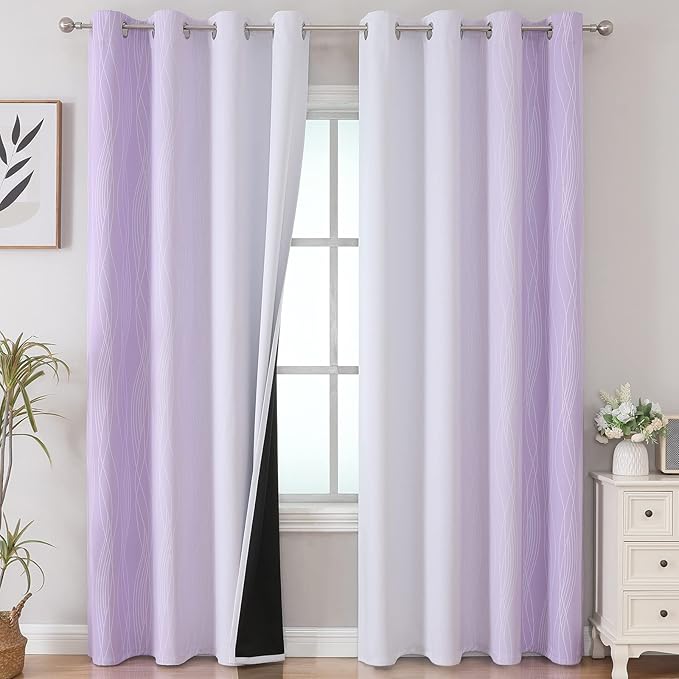 Estelar Textiler Lilac and Greyish White Gradient Blackout Curtains for Bedroom, Thermal Insulated Ombre Blackout Drapes, Light Blocking Energy Saving Curtains for Living Room,52Wx84L,2 Panels