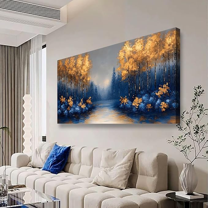 Abstract Scenery Pictures Canvas Wall Art for Living Room Office Bedroom Wall Decor,Blue Forest Golden Tree Wall Art Print Paintings Modern Landscapes Artwork Waterproof Ready to Hang-20x40inch