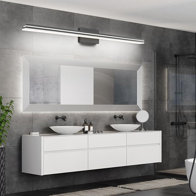 SineRise 48-Inch LED Modern Bathroom Vanity Light Bar, Matte Black Modern Acrylic Bathroom Wall Lighting Fixtures Over Mirror (Cool White 6000K)
