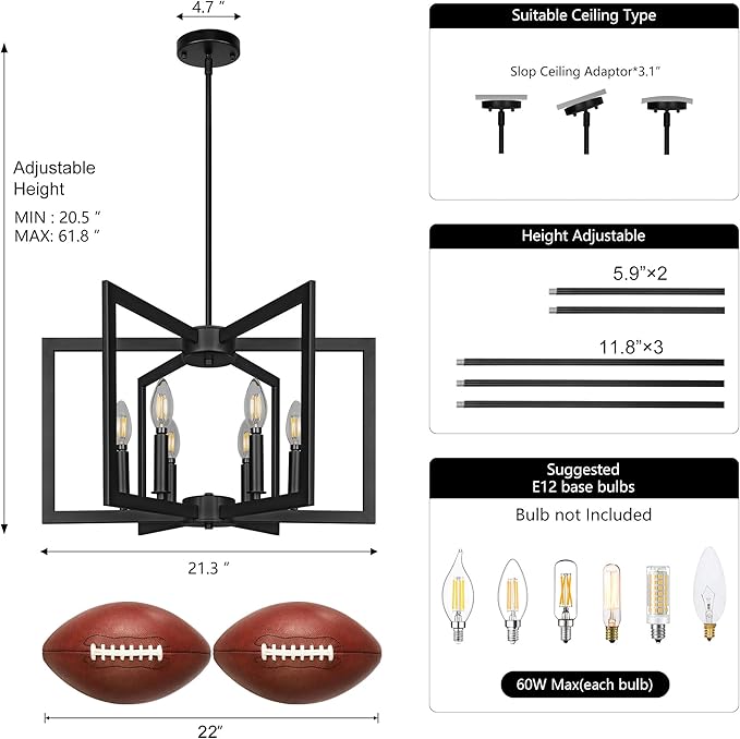6-Light Black Chandelier,Dining Room Light Fixture Geometric Metal Modern Chandelier,Hanging Industrial Chandelier for Dining Room Kitchen Island Entryway Stairway Foyer Hallway.