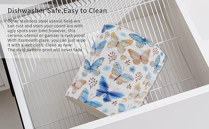 Kitchen Utensil Holder,7.2″Extra Large Stable Pattern Ceramic Utensil Crock,Utensil Organizer for Countertop,Kitchen Decor,Utensil Holder for Housewarming,Wedding Gift (Butterfly)