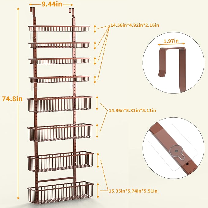 Moforoco Over The Door Pantry Organizer, Pantry Door Organizer Shelves, Kitchen Organizers and Storage, Hanging Basket Wall Spice Rack Seasoning Shelves, Laundry Room Bathroom accessories(Brown )