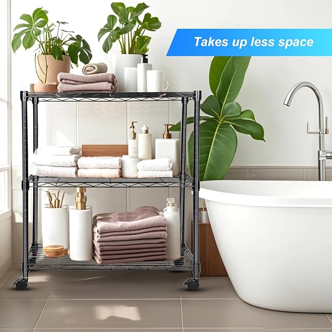 Whitmor 3 Tier Storage Shelves, Heavy Duty with Wheels, Adjustable Wardrobe Rack, 400 lbs Capacity per Shelf, Max 1200 lbs Total for Kitchen, Bathroom, Garage, 24" L x 14" W x 30.5" H, Black