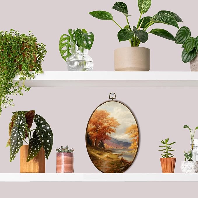 JQF Vintage Fall Oval Wall Art, Rustic Autumn Mountain Landscape Forest Oval Canvas Wall Art, Retro Moody Fall Framed Prints Hanging Decor for Home Bedroom Living Room, 8.5x11.5 Inch