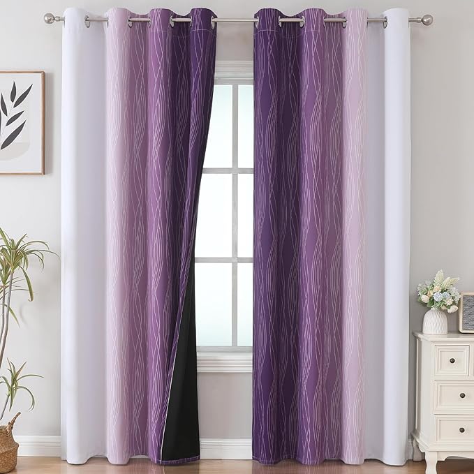 Estelar Textiler Purple and Greyish White Ombre Blackout Curtains 90 Inch Length 2 Panels Set,Thermal Insulated Drapes for Bedroom,Full Room Darkening Grommet Gradient Curtains for Living Room,52Wx90L