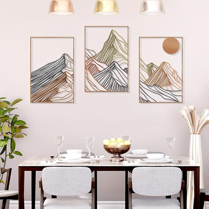 Zzbakress 3 Pcs Colorfor Mountain Metal Wall Decor - Minimalist Sunrise Line Art Abstract Living Room Rustic Bathroom Large Wall Art (Vivid)