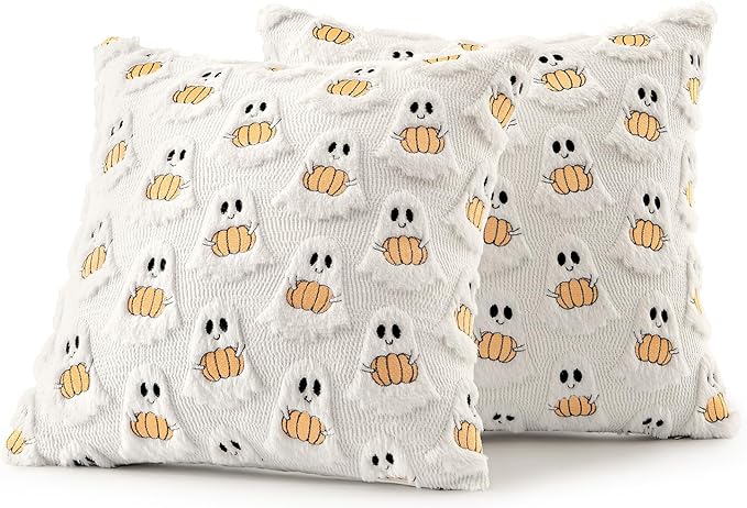MIULEE Halloween Pillow Covers Decorative Fall Cute Ghost Plush Faux Fur Pillows 20x20 Inch Set of 2 Soft Pumpkin Accents for Sofa Couch Bed Living Room Festive Home Decor, White Orange