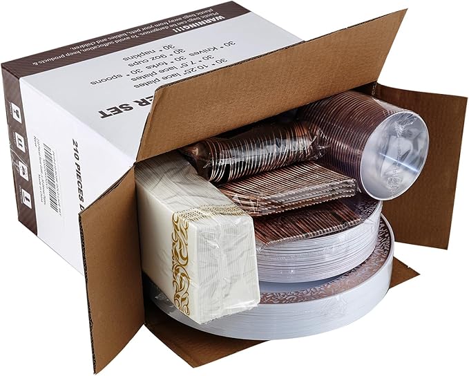 ๐ฎ๐ญ๐ฌ Count Rose Gold Plastic Dinnerware Disposable Plates 30 Dinner & 30 Dessert Plates & 30 Cups & 30 Rose Gold Paper Napkins & 30 Plastic Silverware Set