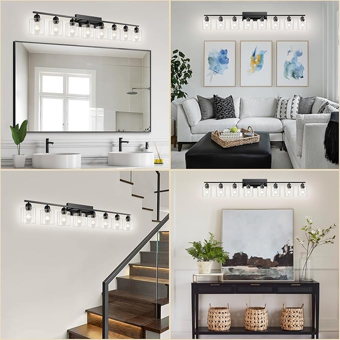 8 Light Black Bathroom Light Fixtures Over Mirror, Modern Bathroom Lighting with Clear Glass,51 inch Lights for Vanity for Oversized Mirrors, E26 Base