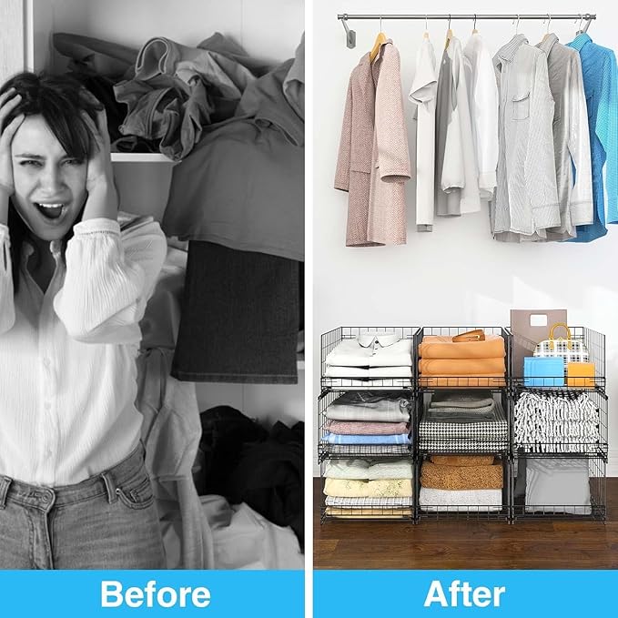 JKsmart 3-Tier Stackable Closet Organizers and Drawer Storage Shelves - Sliding Storage Bins for Jeans, Pants, and Sweaters - Wardrobe Cupboard Organizer for Closet Organization-Black