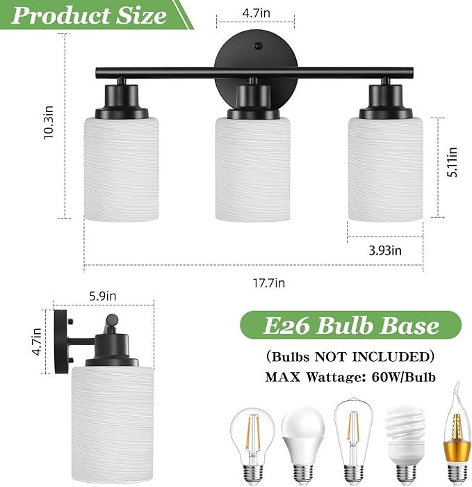 3-Light Bathroom Light Fixtures, Vanity Lights for Mirror with Milky White Frosted Striped Glass Shade, Modern Kitchen Light Fixtures Wall Sconce Light - E26 Base - Matte Black