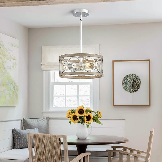 XINGQI 13" Rustic Drum Pendant Lighting Fixture Modern Chandelier 3-Light Height Adjustable Ceiling Lamp for Dining Room Kitchen Island Living Room Bedroom Foyer Hallway, Brushed Nickel