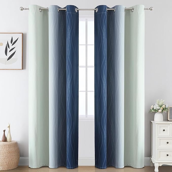 Estelar Textiler Navy Blue and Sage Green Ombre Blackout Curtains for Bedroom, Thermal Insulated Full Room Darkening Grommet Gradient Drapes for Living Room, 42Wx84L, 2 Panels