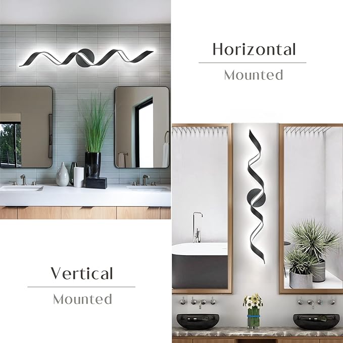 Dimmable Modern LED Bathroom Vanity Lights 32 inch, 20W Spiral Design Black Wall Light Fixtures for Bathroom, Living Room and Hallway, 6000K White Light