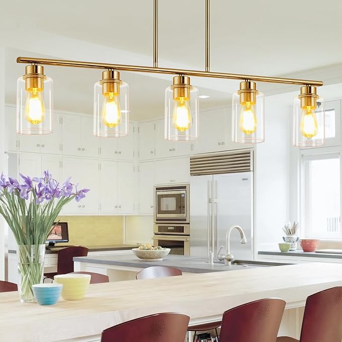 Kitchen Island Light, 5-Light Pendant Lighting, Farmhouse Industrial Dining Room Light Fixtures for Kitchen Island Dining Living Room, Brushed Gold with Clear Glass Shade