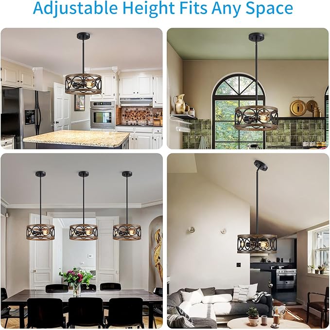 XINGQI Farmhouse Drum Pendant Light Modern 3-Light 13" Chandeliers for Dining Room, Vintage Retro Metal Hanging Light Fixtures for Entryway, Bedroom, Matte Black + Wood Grain Finish